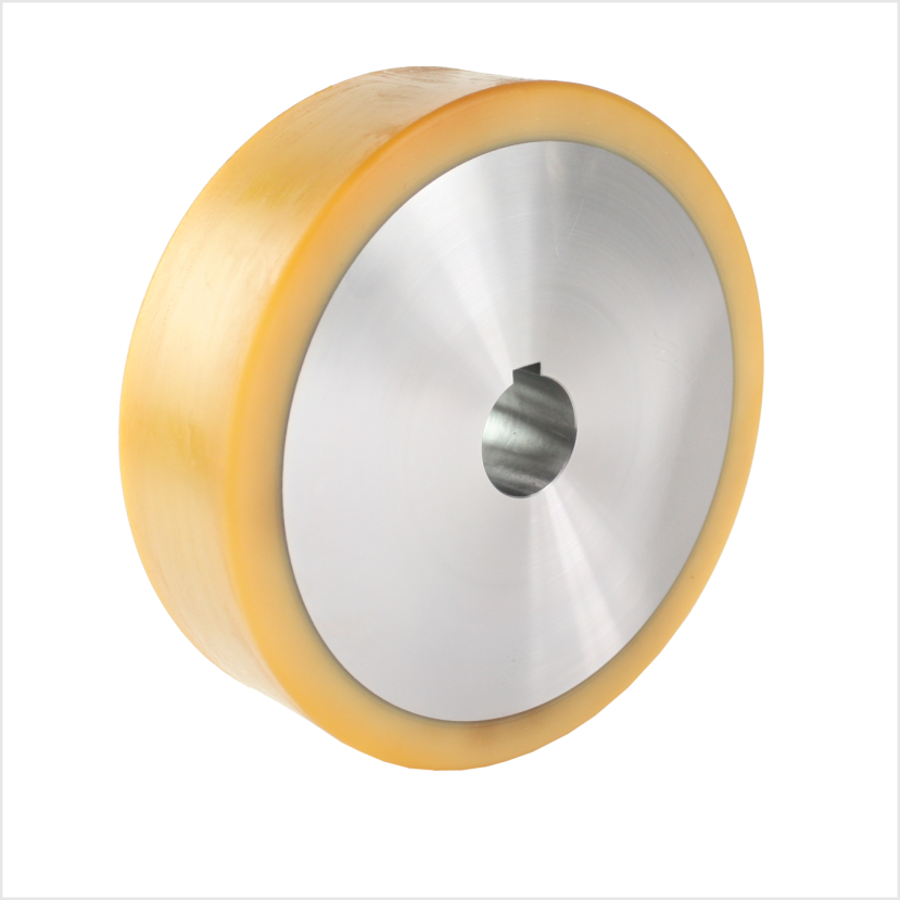 Antriebsrad mit Vulkollan-Lauffläche, Aluminiumfelge, Bohrung und Passfedernut im Rad Radkern.