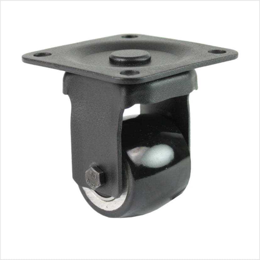 Czarne, miniaturowe, wytrzymałe, obrotowe kółko B-MIB-691KBA z kółkiem wypukłym, średnica koła 50 mm, kompaktowe, przemysłowe obrotowe kółko do mebli, sklepów i stoisk wystawowych