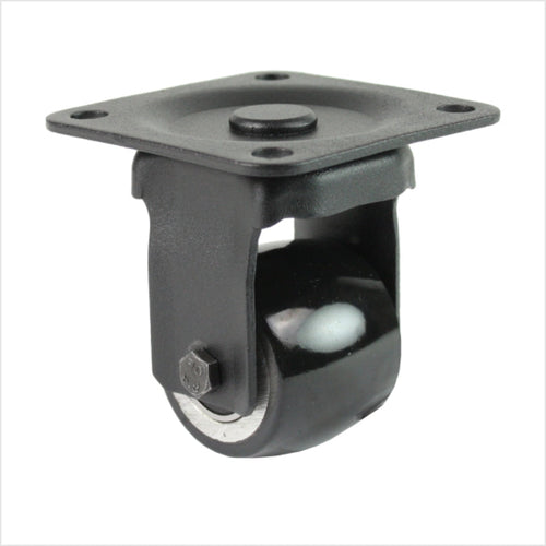 Czarne, miniaturowe, wytrzymałe, obrotowe kółko B-MIB-691KBA z kółkiem wypukłym, średnica koła 50 mm, kompaktowe, przemysłowe obrotowe kółko do mebli, sklepów i stoisk wystawowych