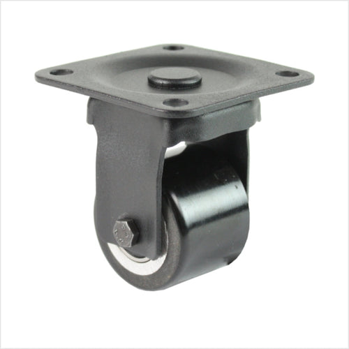Czarne, miniaturowe, wytrzymałe, stałe kółko B-MIB-691KFL z płaskim podwójnym kółkiem, średnica koła 50 mm, kompaktowe, przemysłowe stałe kółko do mebli, stoisk sklepowych i wystawowych