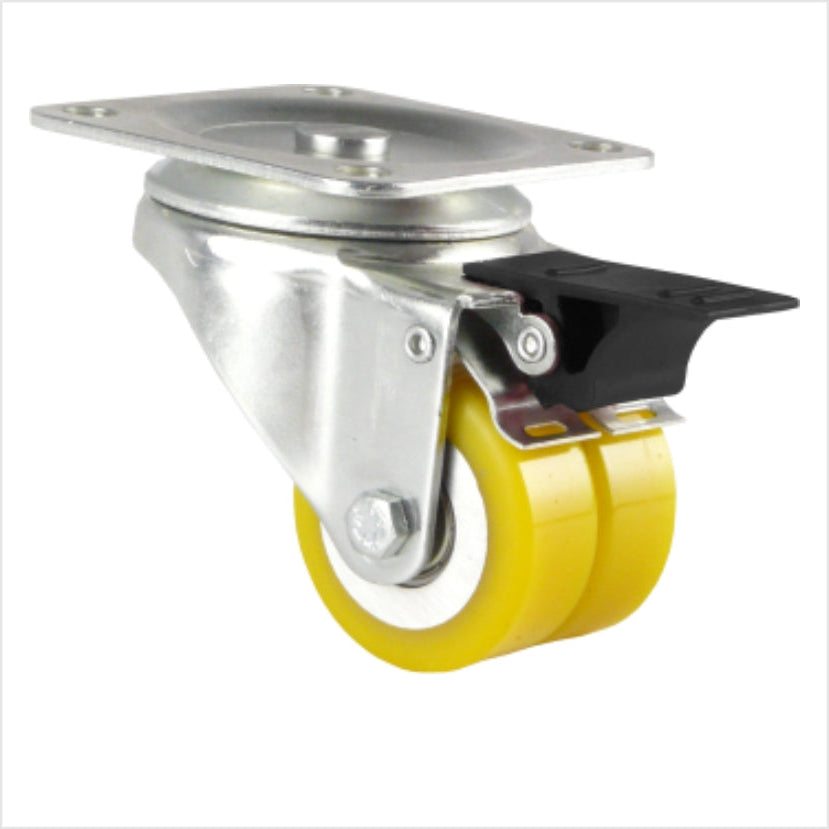 Lenkrolle mini Schwerlastrolle mit Bremse (Feststellhebel) mit zwei gelben Polyurethan-Rädern 50 x 20 mm , Radform flach, mit schwarzem Hebel, Kopfplatte für 4 Löchern