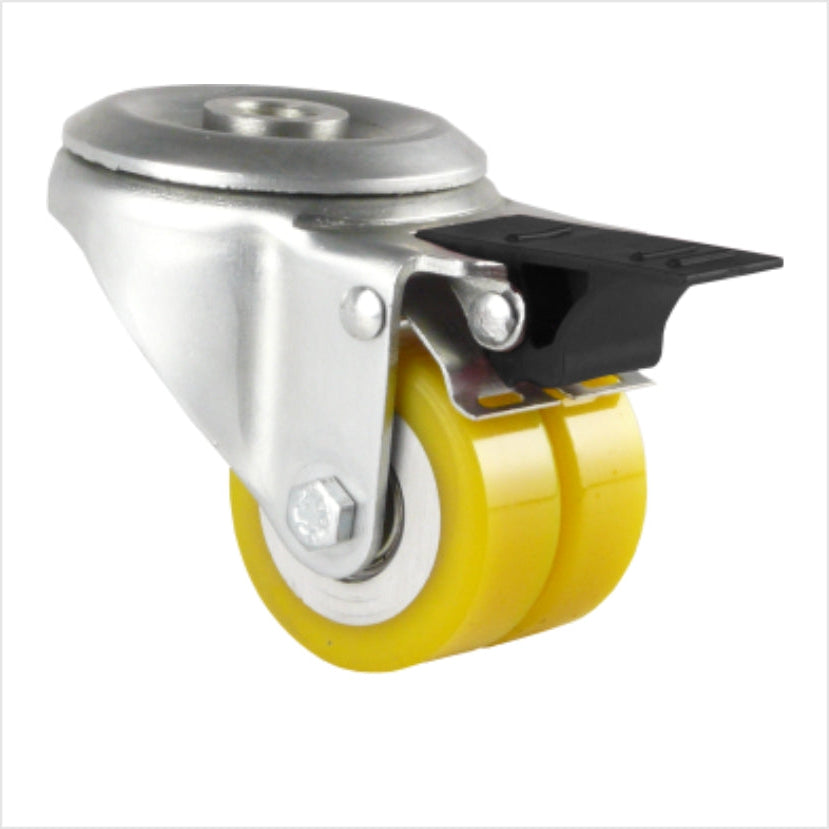 miniaturowe, wytrzymałe podwójne kółka z hamulcem, dwa koła 50 x 20 mm w obudowie z blachy stalowej i czarną dźwignią blokującą, żółte koła z płaskim bieżnikiem