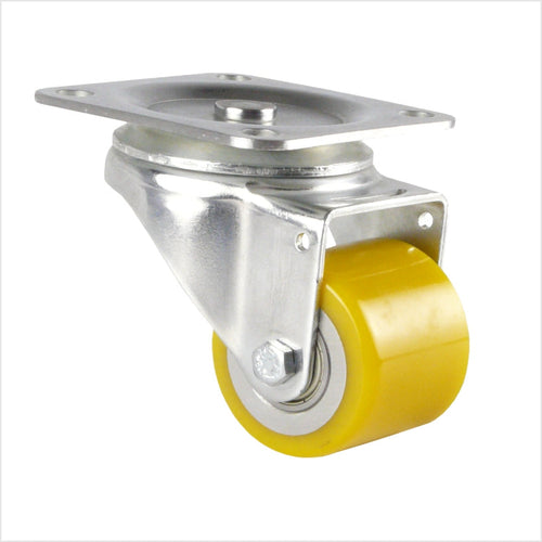 miniaturowe, wytrzymałe, obrotowe kółko z płytką, płaski kształt koła, żółte koło z łożyskiem kulkowym w ocynkowanej obudowie