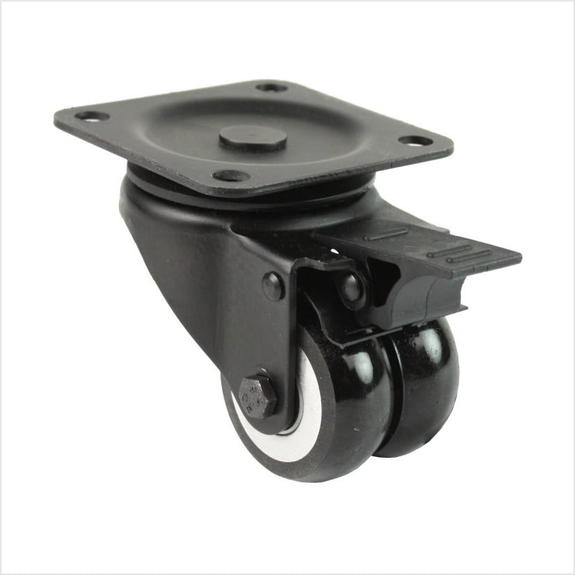 Czarne, miniaturowe, wytrzymałe, obrotowe kółko LTB-MIB-691KBA z podwójnymi kołami wypukłymi i płytą górną, rozmiar kółek 50 × 20 mm, kompaktowe, przemysłowe kółko do zastosowań o dużym udźwigu
