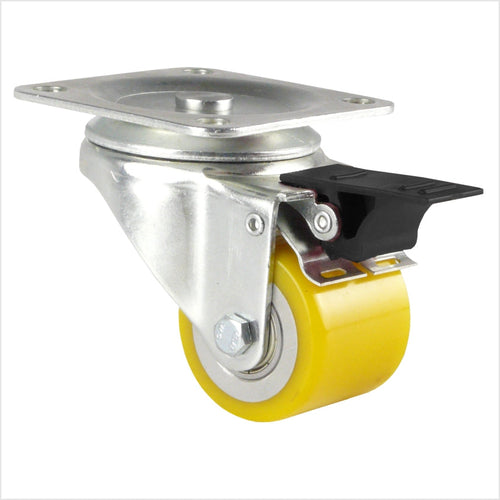 Kółko obrotowe, małe, wytrzymałe, z hamulcem (dźwignia blokująca) z żółtym kółkiem poliuretanowym 50 x 40 mm, płaski kształt kółka, z czarną dźwignią, płyta czołowa na 4 otwory