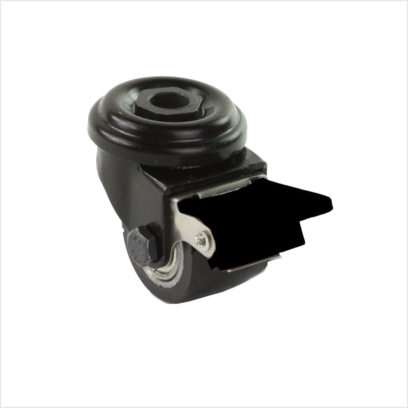35 mm mini Schwerlastrolle Lenkrolle schwarz mit Rückenloch, Feststeller, Bremshebel schwarz, Polyurethan-Rad schwarz mit 2 Kugellagen.