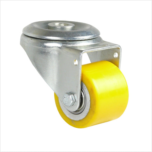 Kółko obrotowe z otworem montażowym i szerokim kołem poliuretanowym 50 x 40 mm w kolorze żółtym. Obudowa ocynkowana.