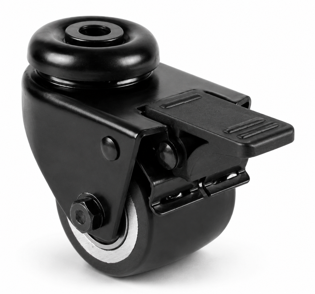 Schwarze 50 mm Mini-Schwerlast-Lenkrolle RTB-DAPS/691KBA mit Feststeller, balligem Polyurethan-Rad und Rückenlochbefestigung