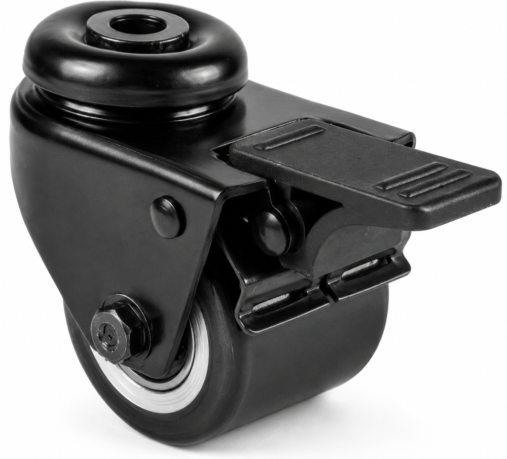 Schwarze 50 mm Mini-Schwerlast-Lenkrolle RTB-DAPS/691KFL mit Feststeller, Polyurethan-Rad und Rückenlochbefestigung