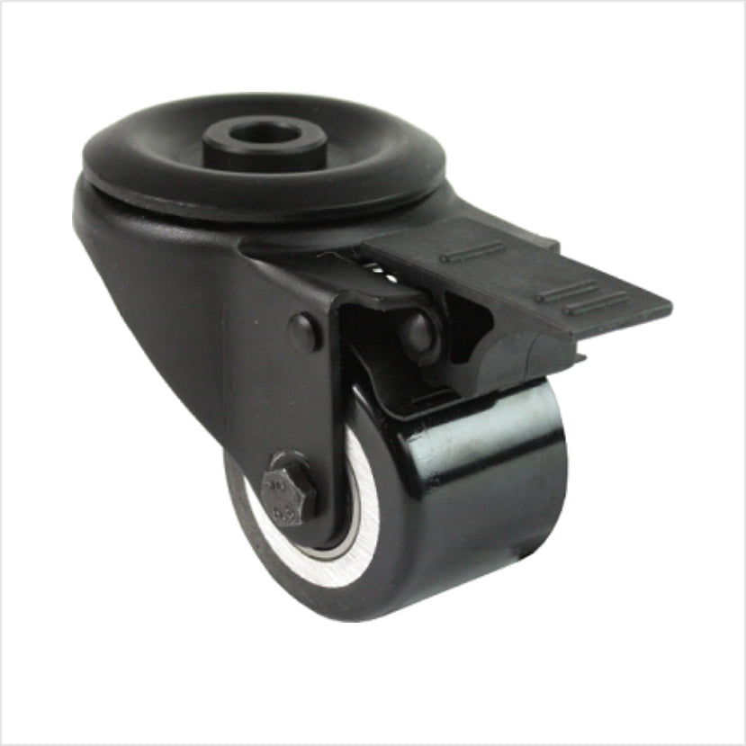 Schwarze mini-Schwerlast-Lenkrolle mit Rückenloch und Feststeller