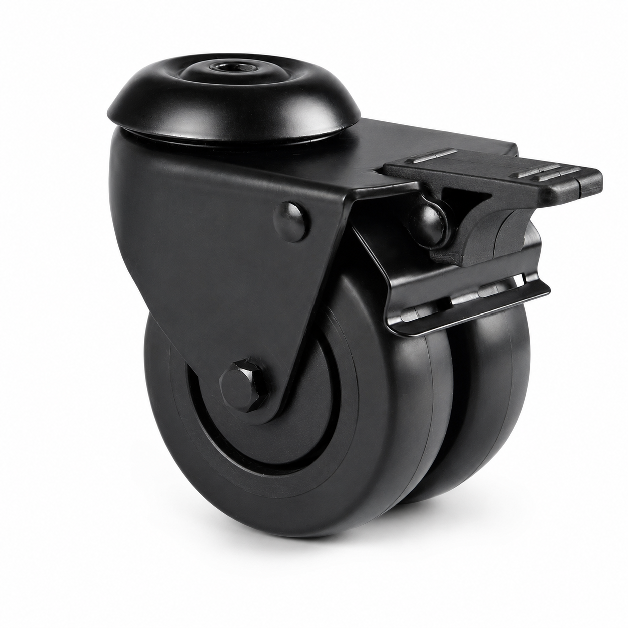 75 mm - Schwarze Doppel-Lenkrolle | TPE-Gummi  Rückenloch | Bremse | leise | leichtlaufend