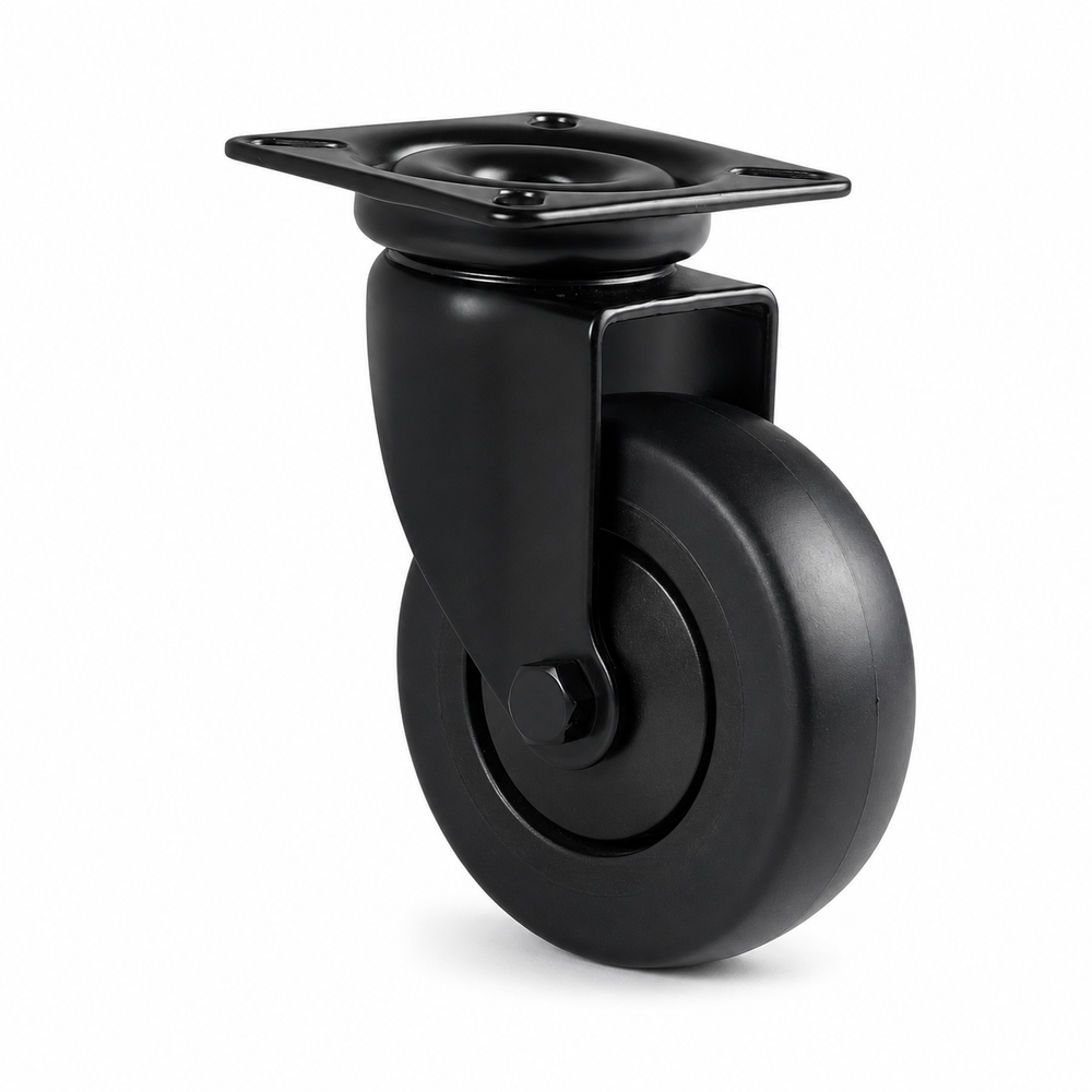 Schwarze Lenkrolle 50 mm mit Anschraubplatte – Gummi, spurfrei & leise