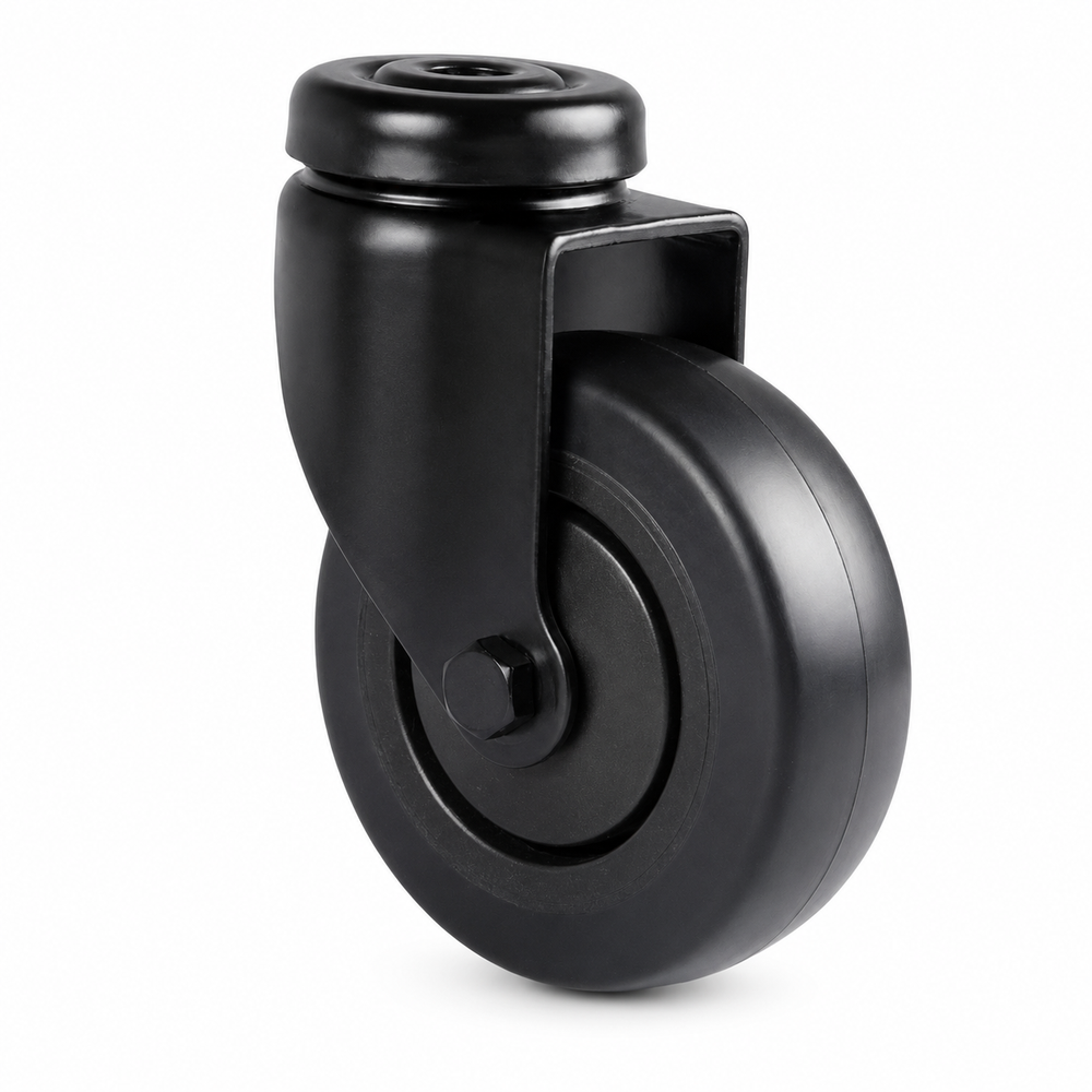 Schwarze Lenkrolle 75 mm mit Rückenloch – Gummi, spurfrei & leise