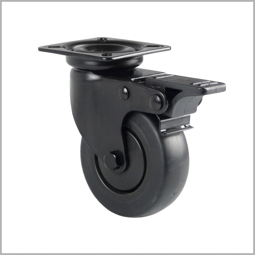 Czarne, obrotowe kółko z hamulcem do mebli, transporterów towarów i stoisk wystawowych.