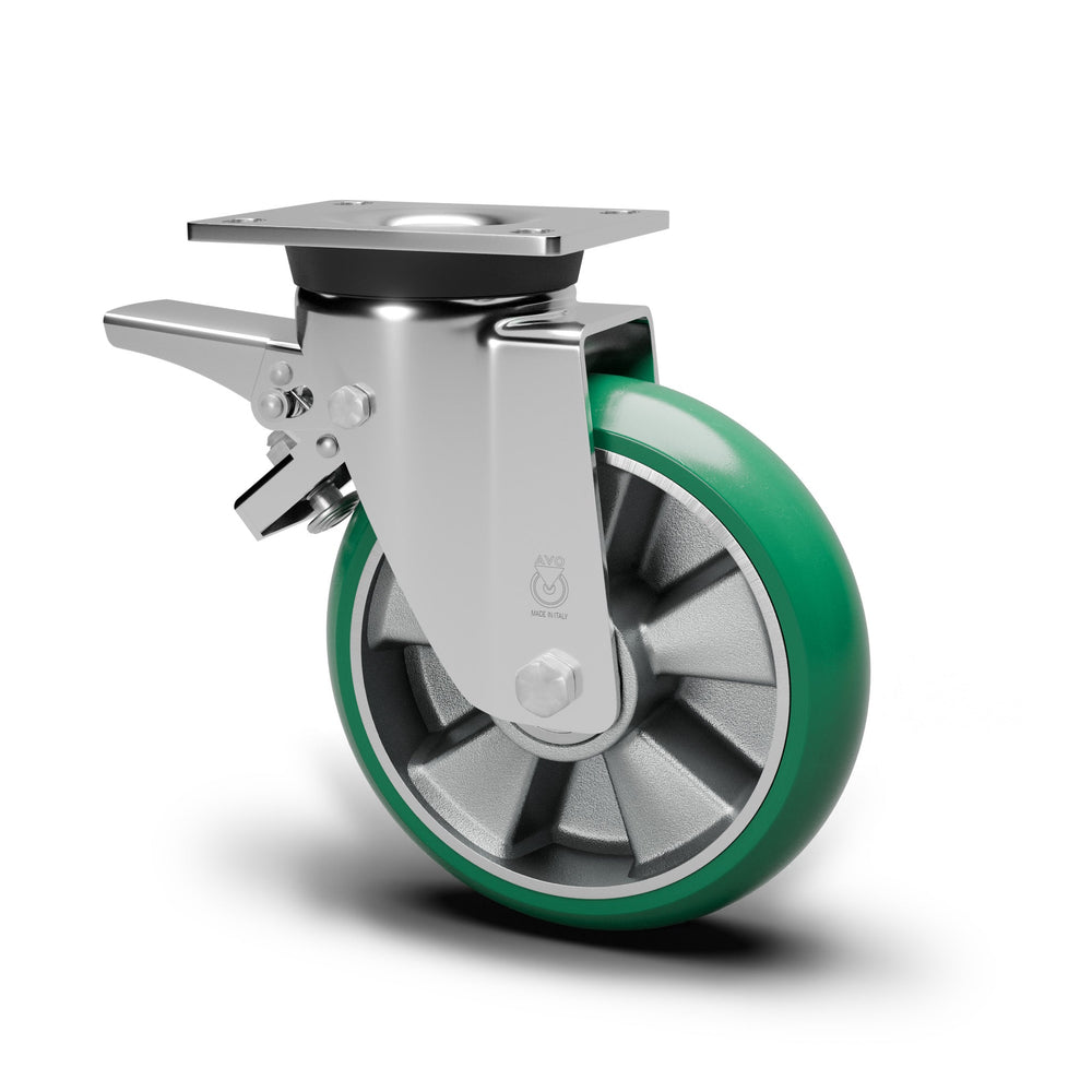 Schwerlast-Lenkrolle mit Feststeller 125 mm mit balligem Polyurethan-Rad grün, Stahl verzinkt