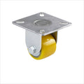 35 mm mini Schwerlast Bockrolle mit gelbem Polyurethan-Rad. Anschraubplatte mit Löchern zum Befestigen der Rolle. Kleine Bockrolle mit hoher Tragkraft.