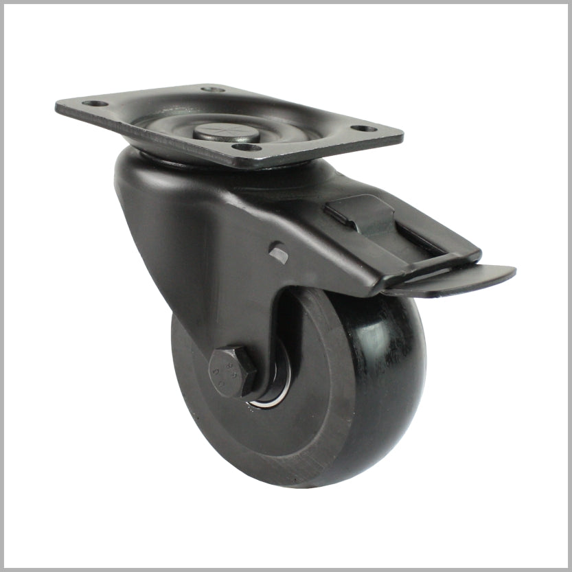 Schwarze Lenkrolle 100 mm mit Feststeller, PU-Rad ballig, Kugellager, 105x80 mm Platte