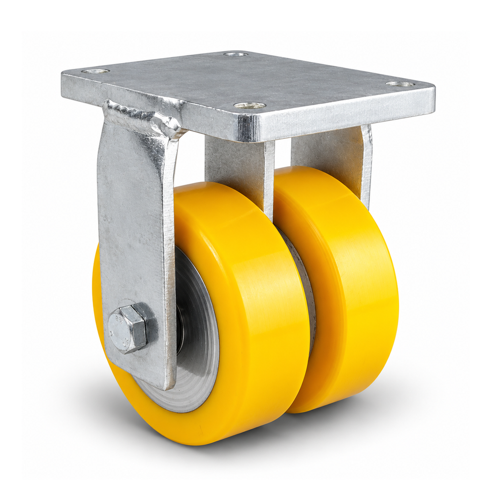 Schwerlast-Bockrolle Ø 200 mm Doppelrad, Polyurethan gelb flach, verzinktes Stahlgehäuse, 2000 kg – B-MGGS/690KFL/200/50