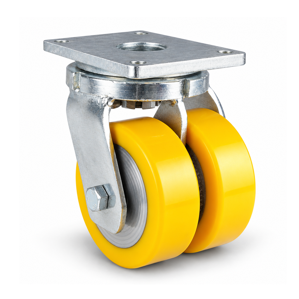 Schwerlast-Lenkrolle Ø 100 mm Doppelrad, Polyurethan gelb flach, verzinktes Stahlgehäuse, 1000 kg – L-MGGS/690KFL/100/50