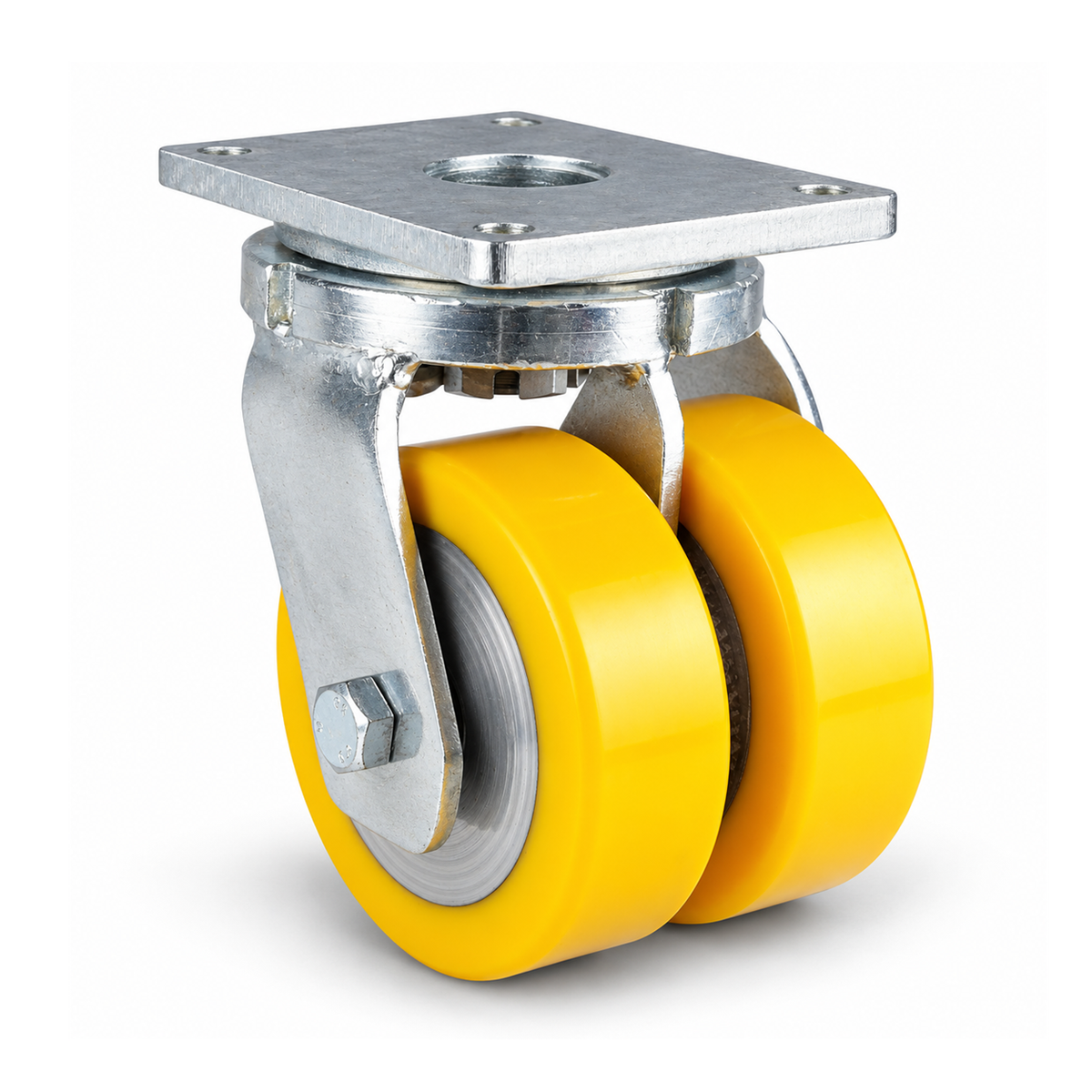Schwerlast-Lenkrolle Ø 100 mm Doppelrad, Polyurethan gelb flach, verzinktes Stahlgehäuse, 1000 kg – L-MGGS/690KFL/100/50