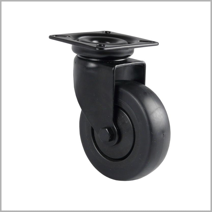 Czarne kółko obrotowe do mebli i półek z płytą montażową 60 x 60 mm, obudowa pokryta czarną powłoką, kółko w kolorze czarnym.